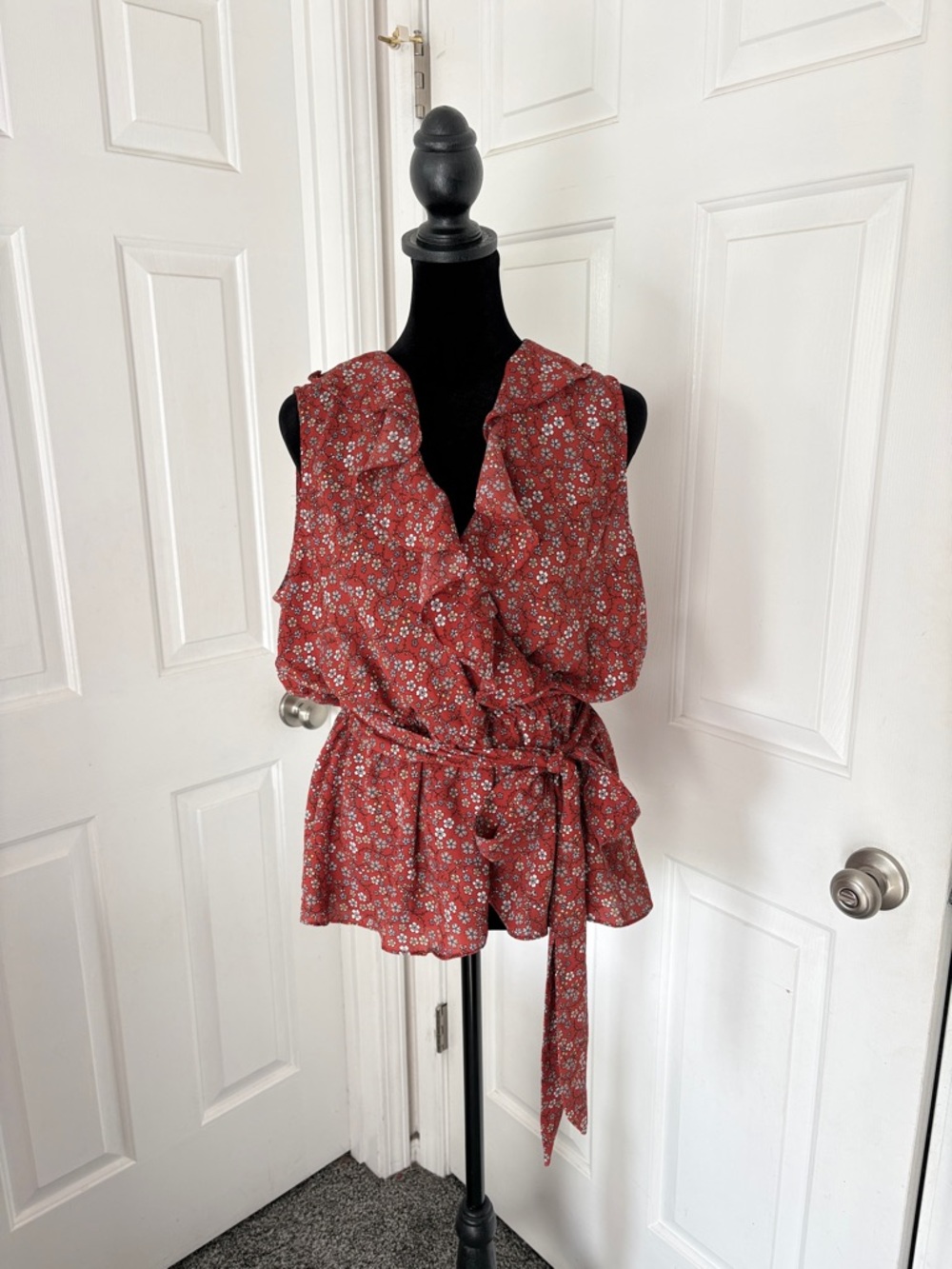 Max Studio Red Floral Ruffle Wrap Blouse.